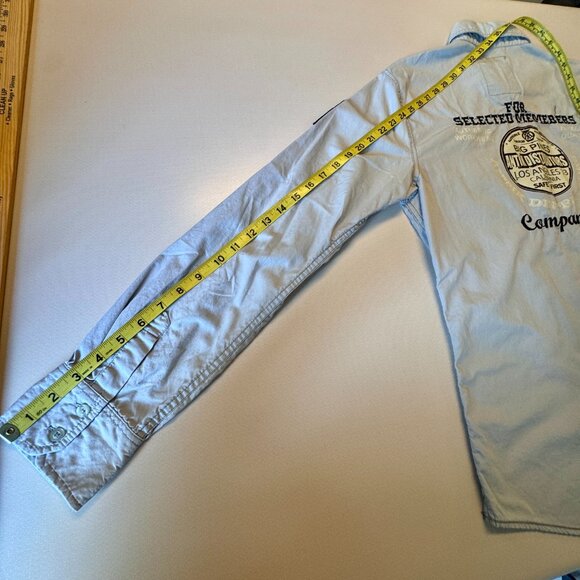 Antik Denim Button Up Patch Shirt Mens Large Blue Long Roll Tab Sleeves Patches - Picture 11 of 13